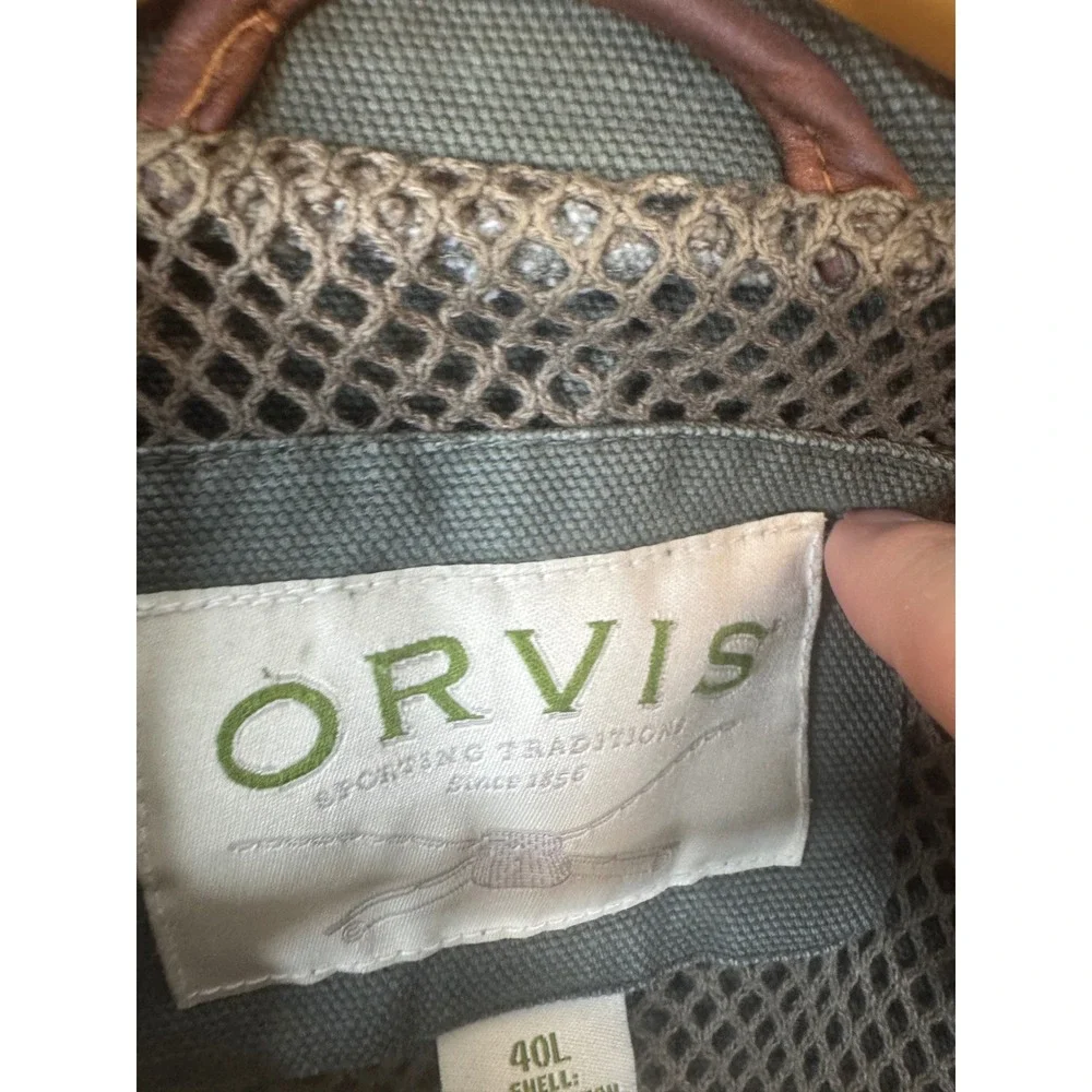Orvis Mens Canvas Field Blazer Jacket Green Leather Trim Elbow Patches 40L